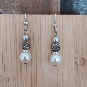 Silver Tone Bead and Pearl Dangle Earrings